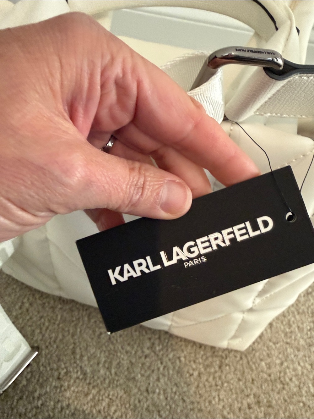 Karl Lagerfeld Winter White Quilted Tote with Floral Bow Charm - Picture 11 of 14